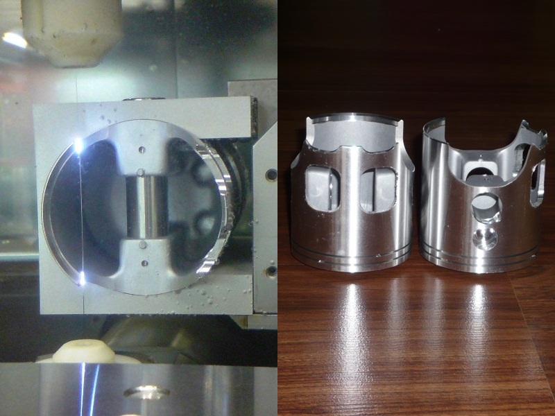 Links: Drahterodiermaschine bei der Arbeit.<br />Rechts: Derzeitiger Stand.
