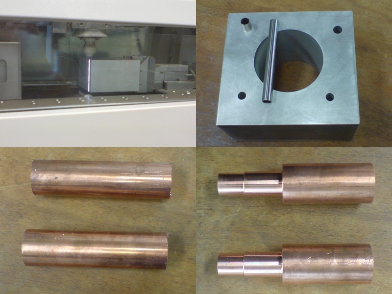 Oben links: Schneiden der Aufspannvorrichtung.<br />Oben rechts: Fertig! Parallelität und winkligkeit: kleiner 0,005mm! Zusätzlich 2 Spannhülsen zum positionieren der Zylinder.<br />Unten links: Material für Elektroden<br />Unten rechts: Spannzapfen vorgedreht