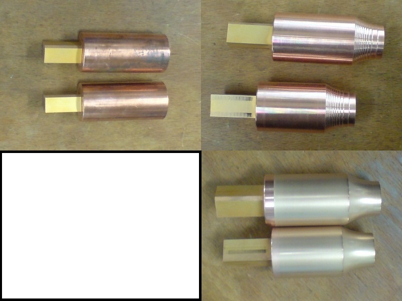 Oben links: 4kt angebracht und Spannzapfen entfernt<br />Oben rechts: Kontur grob vorgedreht<br />Unten links: Kontur gefertigt +/- 0,001mm (zensiert!)<br />Unten rechts: Elektrode fertig!