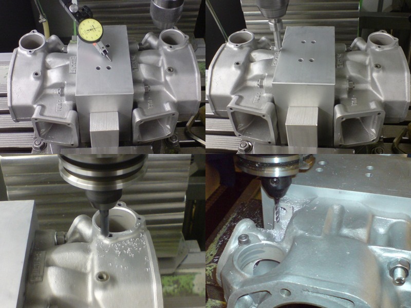 Oben links: Zylinder in Vorrichtung exakt ausrichten<br />Oben rechts: Nullpunkt holen<br />Unten links: Anschraubflächen der Buchsen für das BPVS(Brummis Power Valve System)<br />Unten rechts: Anschraubflächen begradigen