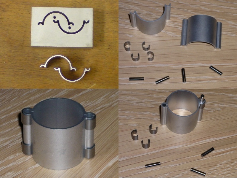 Oben links: Abdeckung ausgeschnitten. (Aluminium)<br />Oben rechts: Alle Einzelteile<br />Unten links: 4Clipse halten alles zusammen<br />Unten rechts: Das andere Ende der Stifte wird noch in die Alubuchsen gepresst