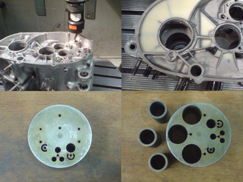 oben links: Die andere Seite<br />oben rechts: Sitz für Nadellager des Impellers ist auch fertig.<br />unten links: Erodierblock aus 1.4112<br />unten rechts: Hülsen ausgeschnitten.