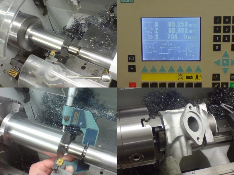 Oben links: Runterschruppen, abkühlen lassen<br />Oben rechts: Soll sein mein Zylinderdurchmesser: 65,250mm<br />Unten links: Na ja, geht so...<br />Unten rechts: Zylinder stramm aufgeschoben. Schraube zum mitnehmen.