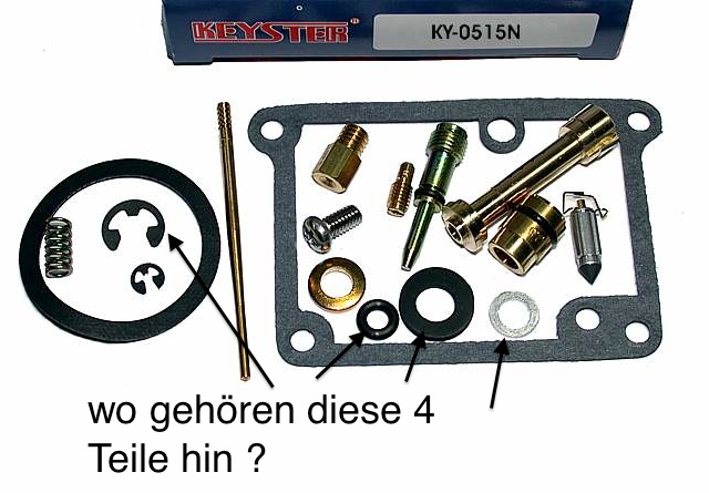 Ein E-Ring, ein kleiner O-Ring, eine Dichtung ca, 10mm und eine 6mm Unterlegscheibe.