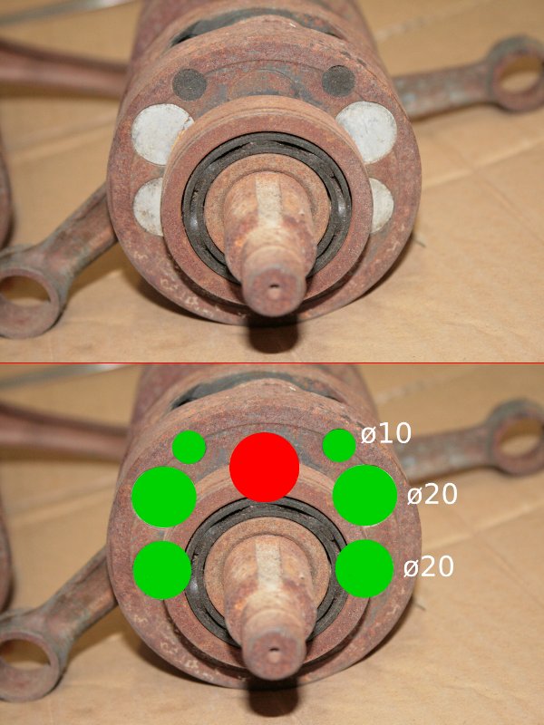Hier die Hubwange mit Ausgleichsbohrungen und Stopfen.<br />Oben normal<br />Unten mit markierten Bohrungen und Maßen [mm]