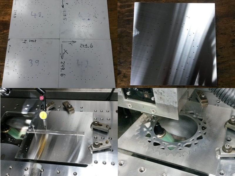 OL: 4 Platten a 42 Startlöchern<br />OR: Rohling für erstes Kettenrad<br />UL: Aufspannen, ausrichten...<br />UR: So weit so gut