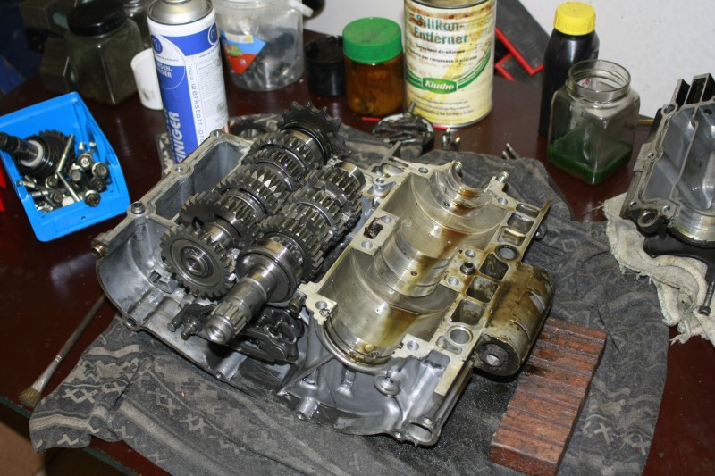 Das Unterteil des Gehäuses mit Getriebe. Die Kurbelwelle sitzt fest im Oberteil.